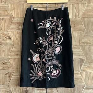 Richard Malcolm Womens Black Midi Embroidered Linen Skirt Size 10 Bohochic